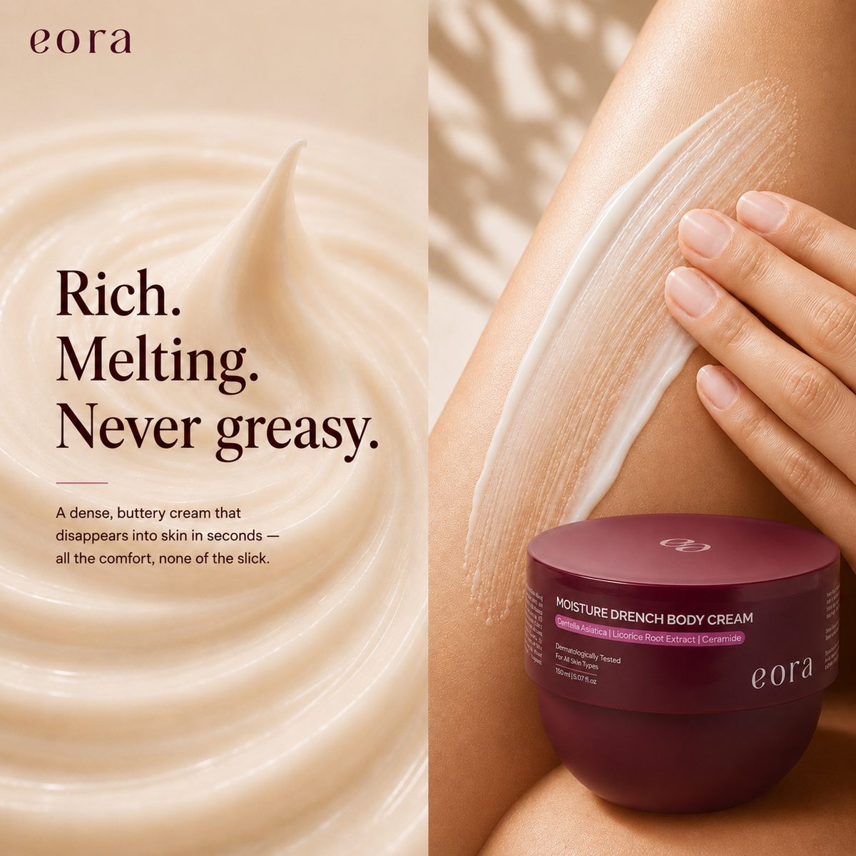Rich, non-greasy Eora body cream texture smoothed onto an arm