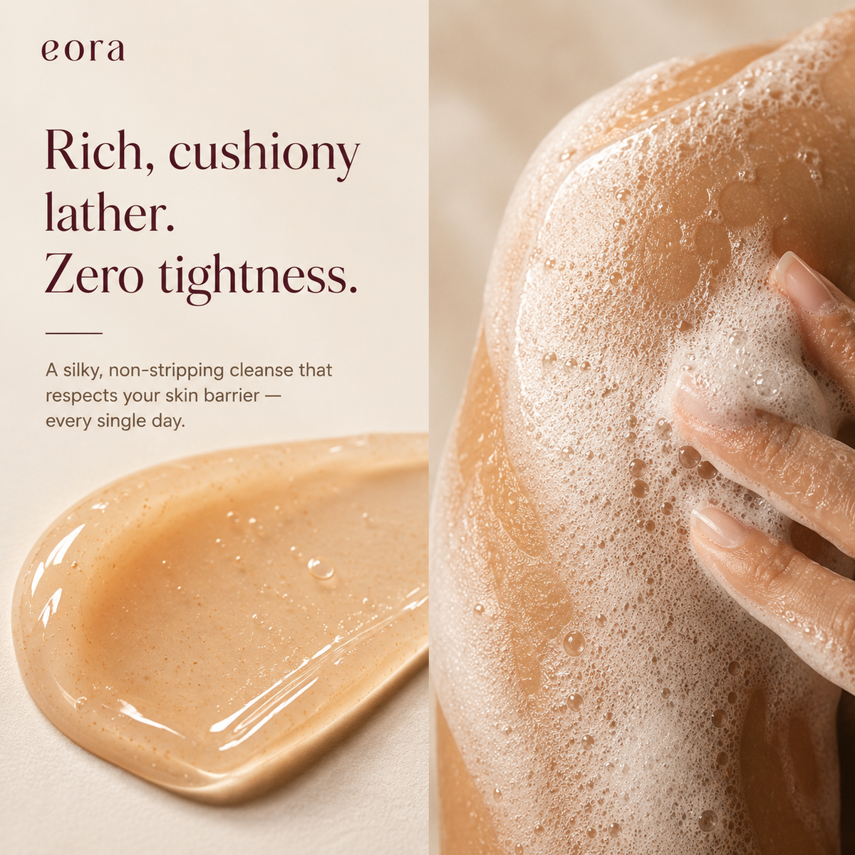 Rich, non-stripping lather of Eora Moisture Drench Body Wash on skin