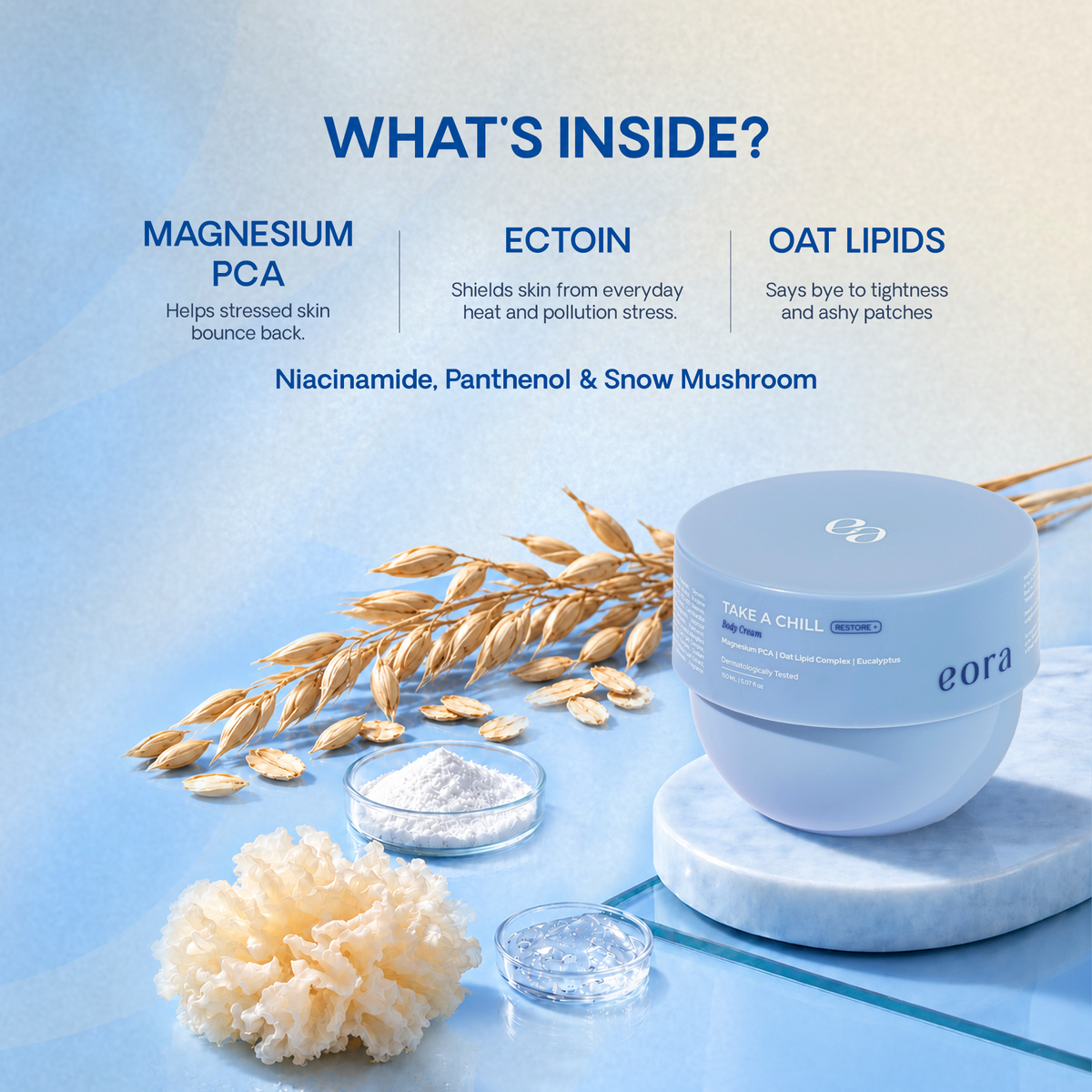 What's inside Take a Chill Body Cream: magnesium PCA, ectoin and oat lipids, with niacinamide, panthenol and snow mushroom