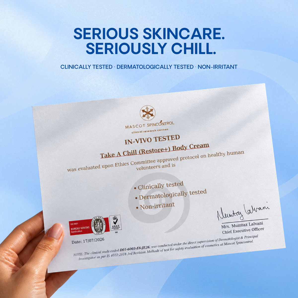 Take a Chill Body Cream in-vivo test certificate from Mascot Spincontrol: clinically tested, dermatologically tested, non-irritant