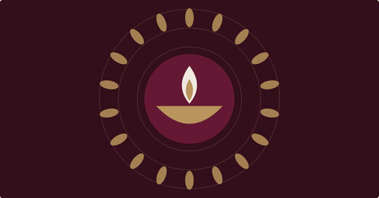 Navratri diya illustration surrounded by a ring of lamps in Eora mulberry and gold