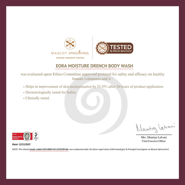Eora Moisture Drench Body Wash clinical certificate from Mascot Spincontrol